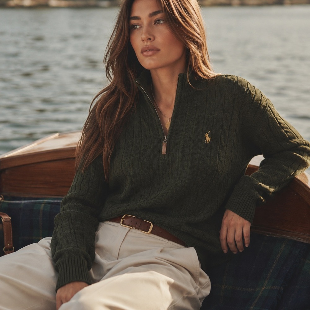 Polo by Ralph Lauren Dark Olive Cable-Knit Half-Zip Sweater